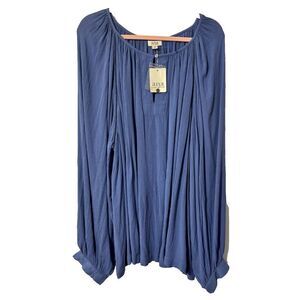 NWT A.N.A Women's Blouse Top Bijou Blue 5X Pleated Scoop Neck Balloon Sleeve‎